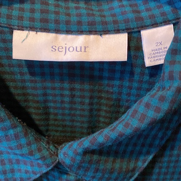 🖤🌲 Sejour Nordstrom Long Button Down Collared Black/Forest Green Check Shirt - Picture 11 of 13